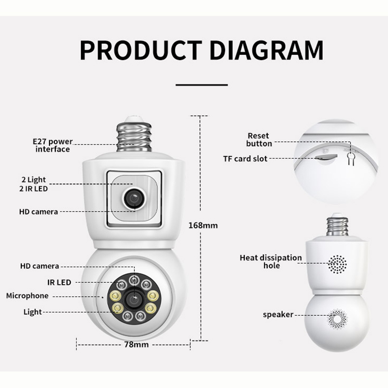 DP44 R3 E27 Lampadina Doppia lente Telecamera di videosorveglianza doppia 2MP HD Visione notturna a colori Rilevazione di movimento Presa di sicurezza di rete esterna interni Cam PTZ