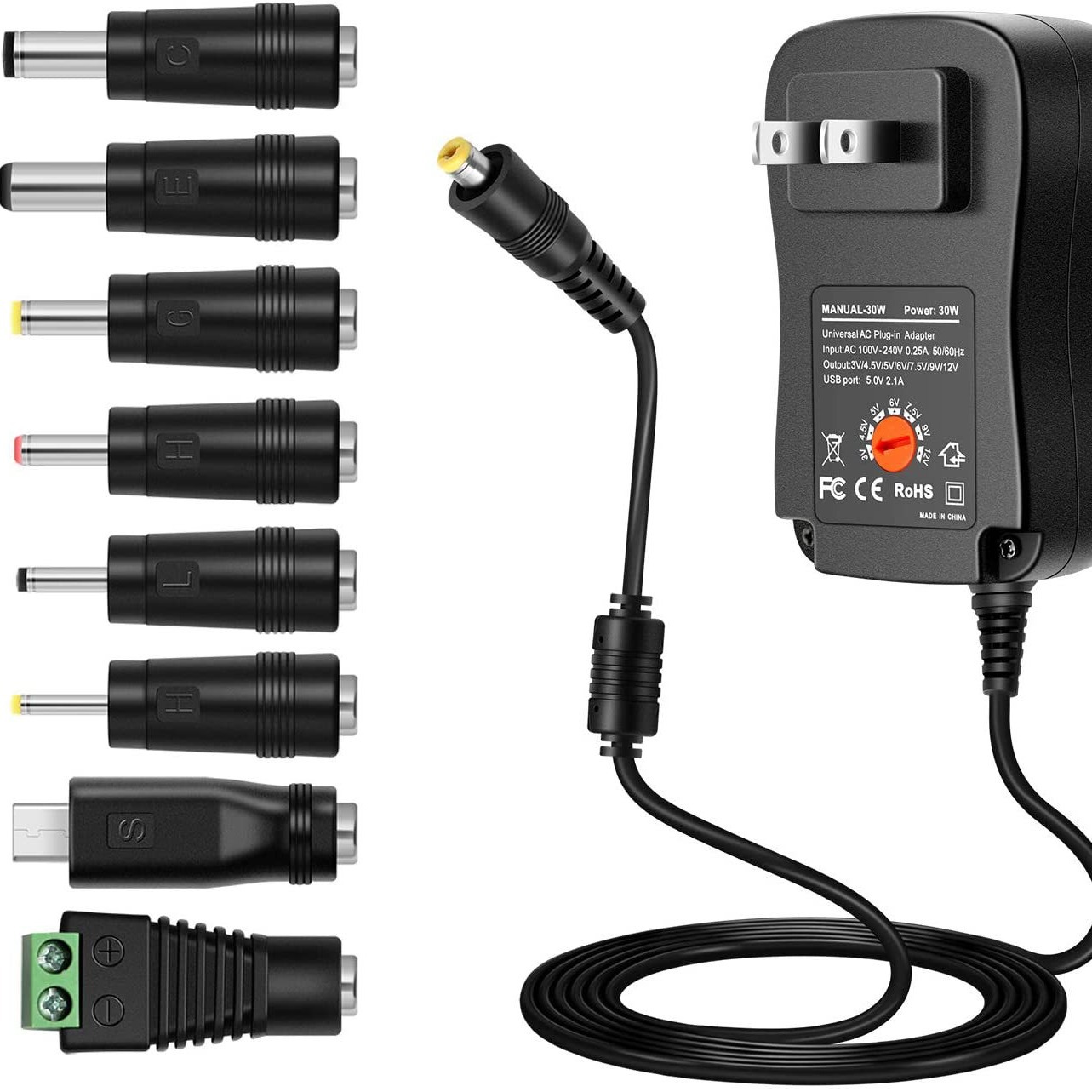 Adaptador de fonte de alimentação de 30 W Carregador USB 8 cabeças de reposição AC para DC Plug Adaptador de alimentação 3V 4,5V 5V 6V 7,5V 9V 12V 2A 2.1A Conversor de tensão ajustável para EUA / UE / Reino Unido / AU