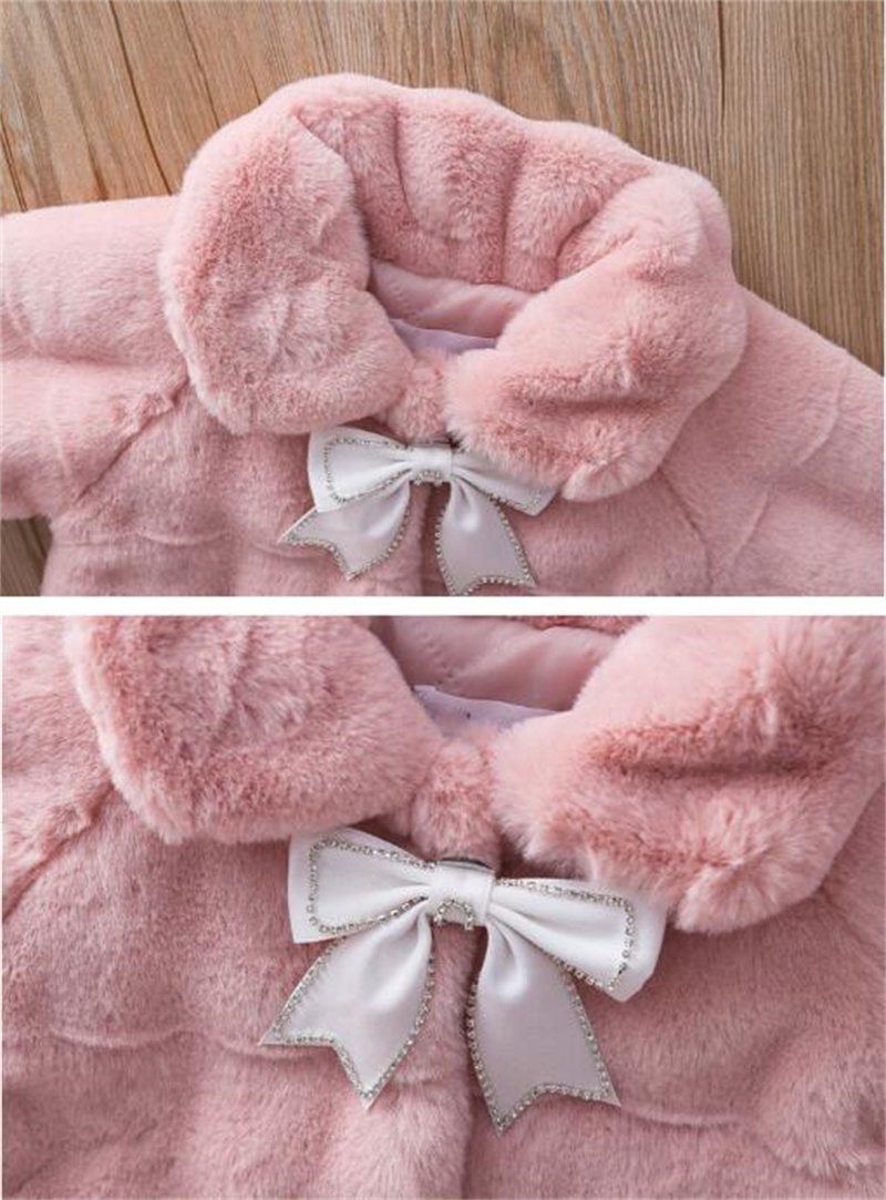 2024 Bestselling Autum Winter Girl's Jackets Imitation Fur Coat Sweet Bow Children Fashion Coat white pink khaki