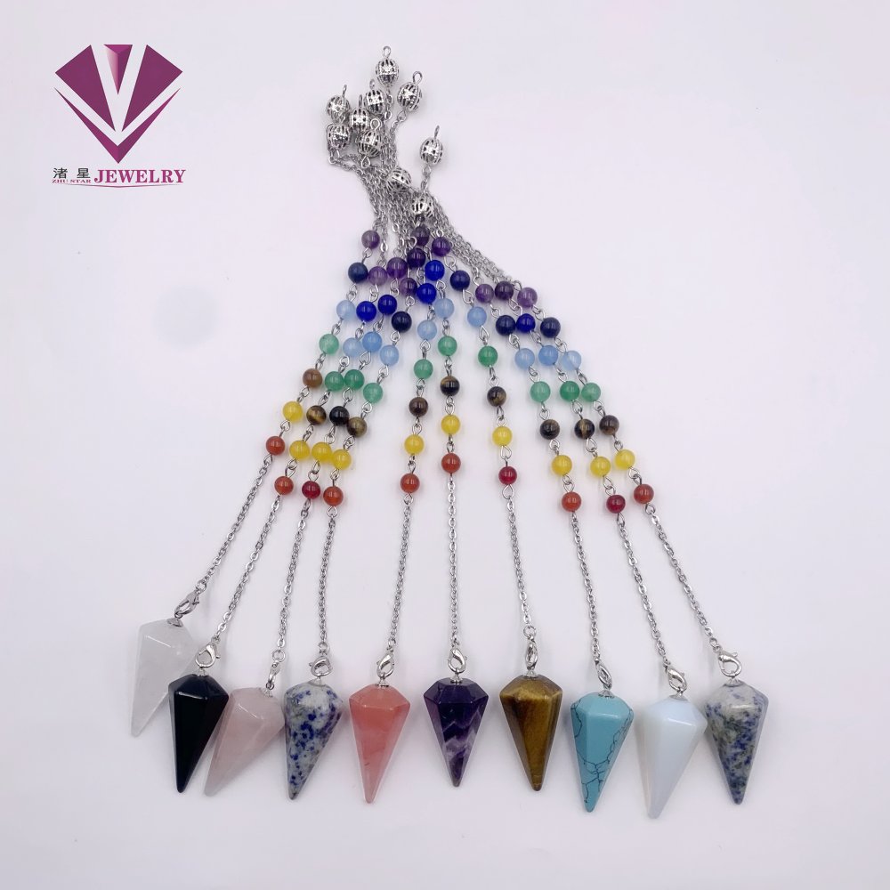 Natural Stone Decorative Spiritual Therapy Yoga Colorful Beads and Seven Chakra Spiritual Pendant Hexagonal Cone Necklace Pendant Jewelry for Women