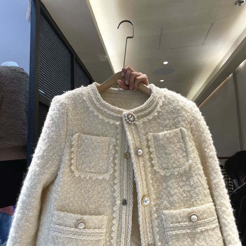 Chaquetas para mujer, diseño de hebilla de perla, elegante abrigo de lana gruesa con flores, pequeña fragancia, Tops de manga larga coreanos Chic de otoño