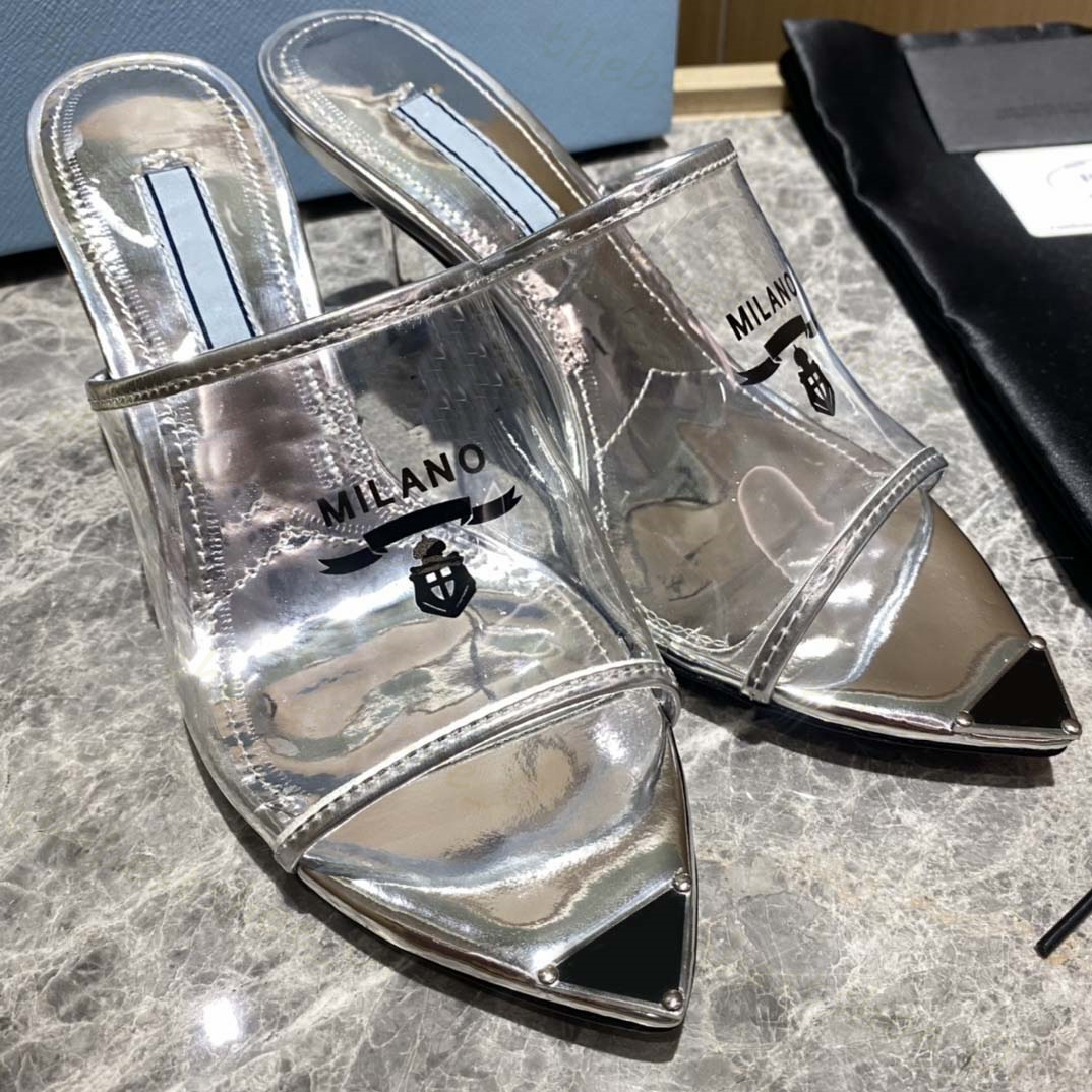 Sandali da donna firmati Tacchi alti in perspex stampato Pantofole milanesi alla moda Tacchi alti spessi Pantofole con sottopiede in pelle metallizzata argento nero