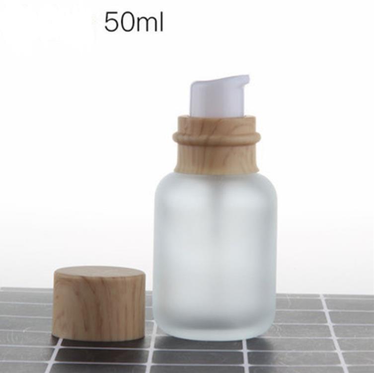 Frasco de vidro fosco frasco de creme redondo frasco de embalagem cosmética frasco de bomba de loção facial com tampa de grão de madeira SN5342