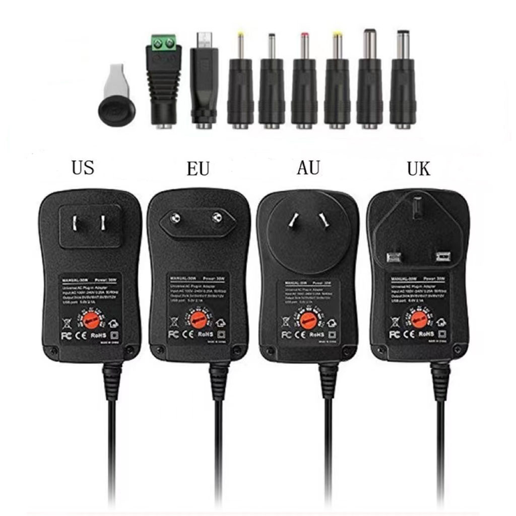 Adaptateur d'alimentation multifonction 8 en 1 3V/4.5V/5V/6V/7.5V/9V/12V, tension réglable, adaptateur universel 30W, prise EU US AU UK, chargeur USB