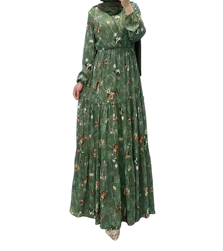 Middle East Dubai Women New Floral Printing High-neck Casual Muslim Dress Arabic for Women Vestido Musulman turkish Long Dresses koftane marocain