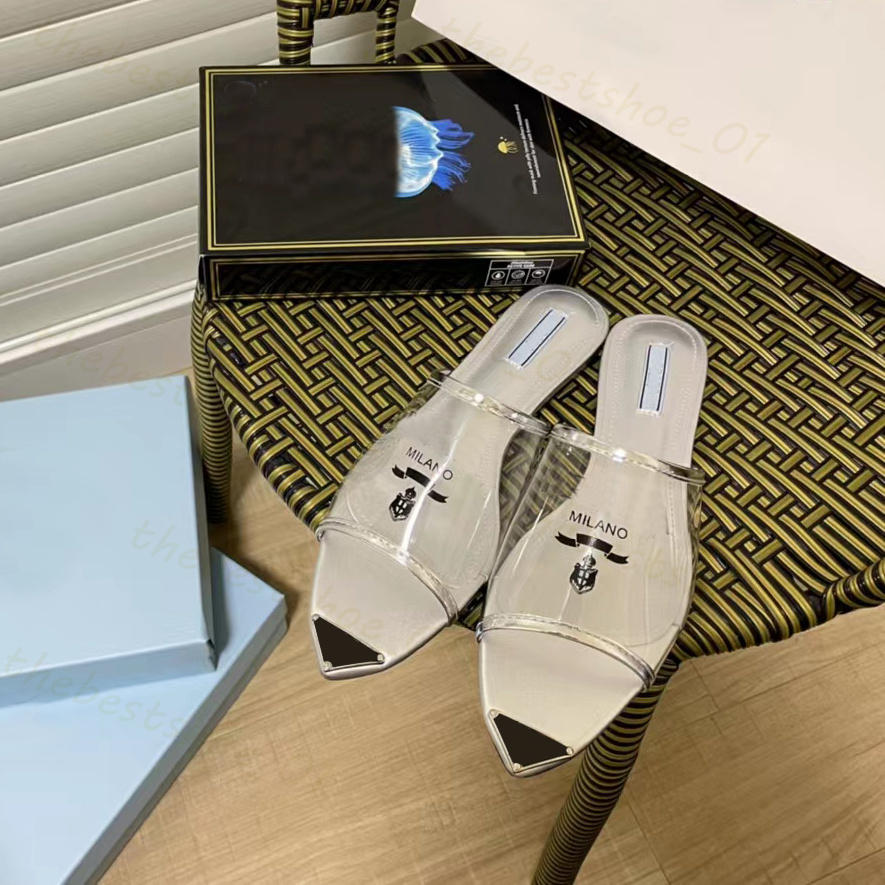 Designer kvinnor sandaler tryckt perspex hög klackar mode milanesiska tofflor tjocka höga klackar svart silver metalliska läderinsula tofflor