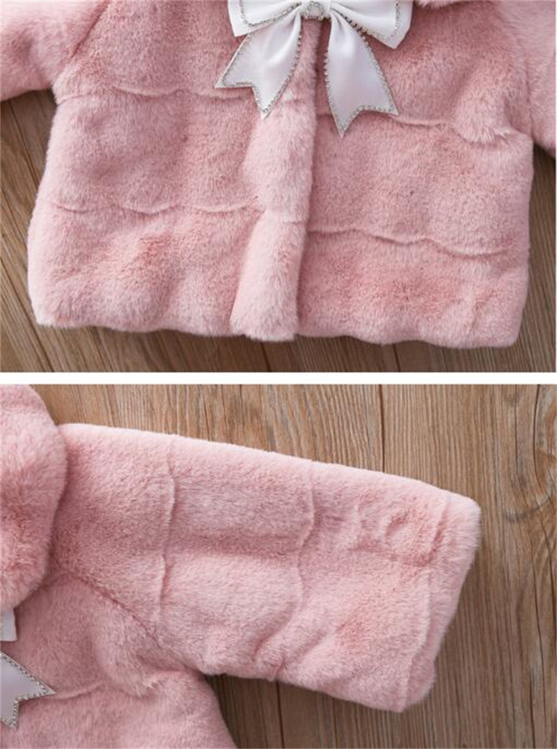 2024 Bestselling Autum Winter Girl's Jackets Imitation Fur Coat Sweet Bow Children Fashion Coat white pink khaki