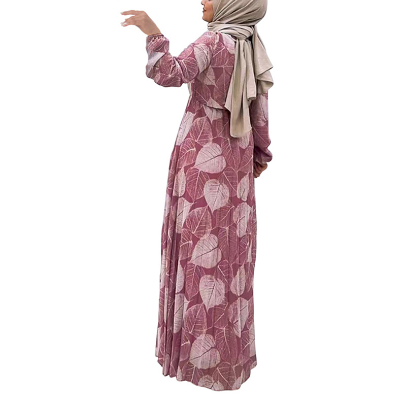 Mellanöstern Dubai Women New Leaf Printing Pleated Fashionable Muslim Dress Elegant Long Sleeves Turkiska långa klänningar Vestidos Musulmanes