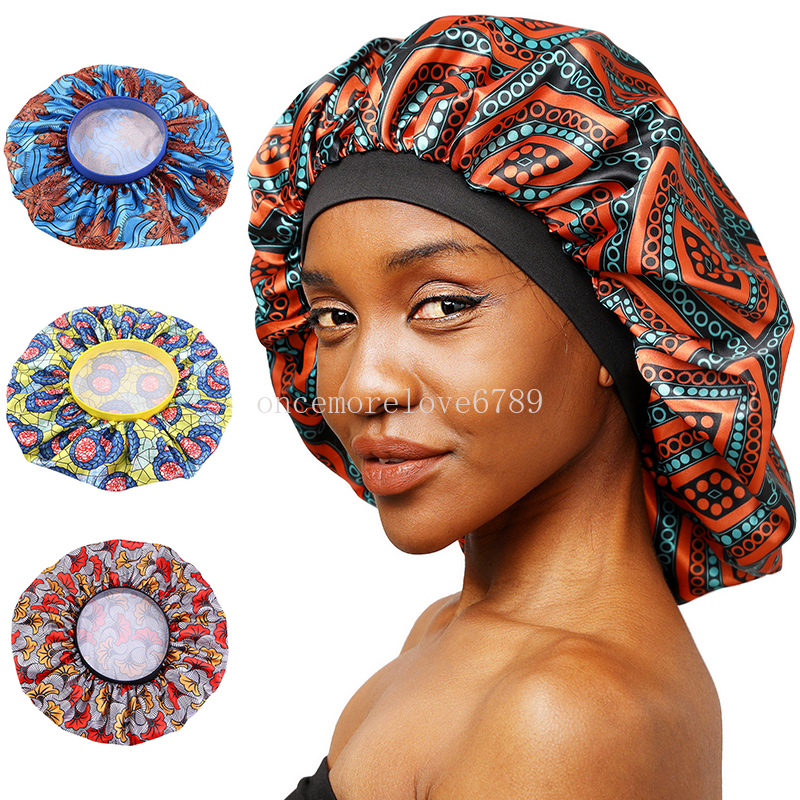 Elástico feminino tamanho grande cabeça envoltório padrão africano impressão gorro cetim touca de banho touca de sono moda beleza e cuidados com o cabelo chapéu