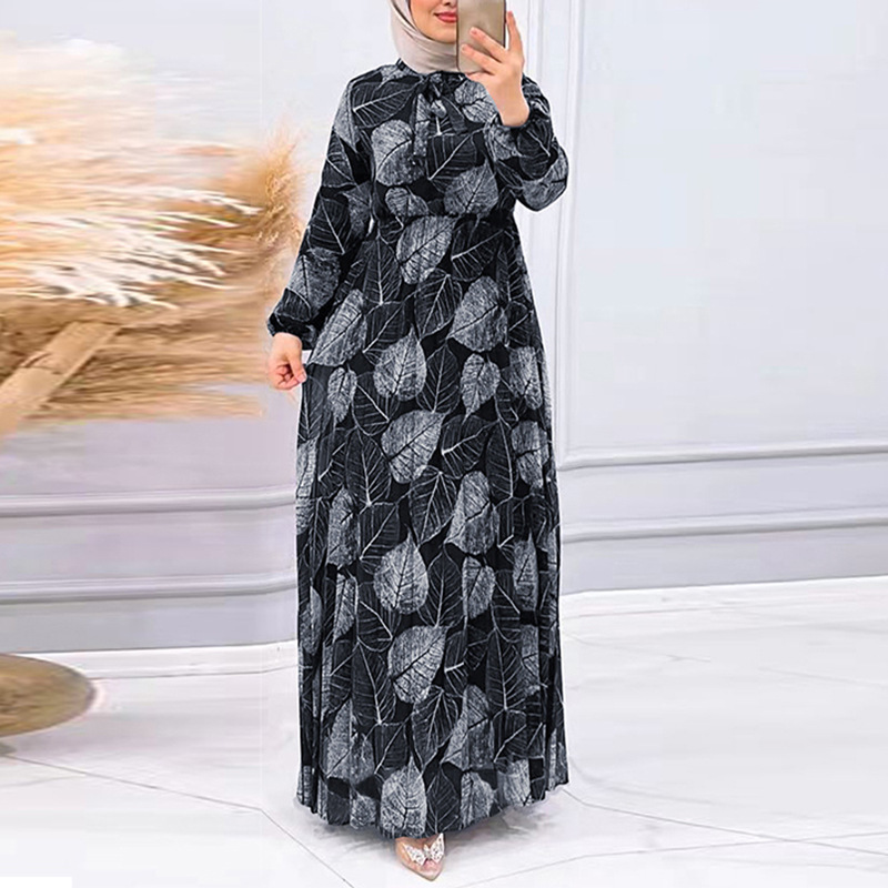 Mellanöstern Dubai Women New Leaf Printing Pleated Fashionable Muslim Dress Elegant Long Sleeves Turkiska långa klänningar Vestidos Musulmanes