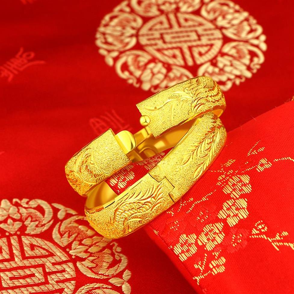 Elegantes accesorios nupciales de boda 18K oro amarillo sólido lleno patrón de Fénix brazalete para mujer pulsera que se puede abrir regalo de joyería 235m