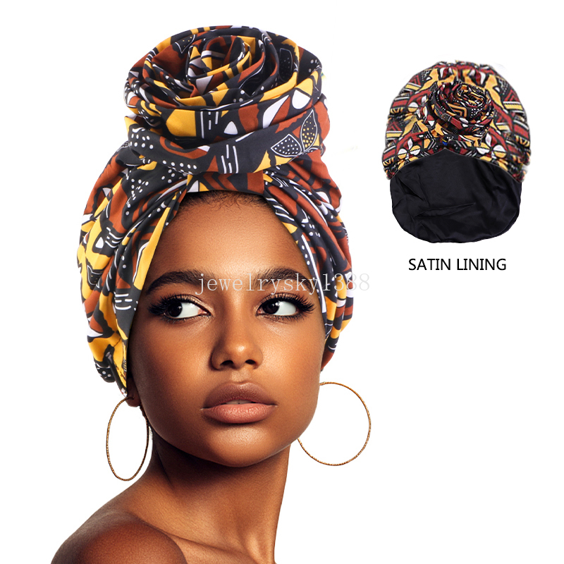 Afrikanische bedruckte, satingefütterte Turban-Mütze, Damenmode, gewölbte Blumenmütze, alle Arten von beliebten Multifunktions-Wickelkopf-Ethno-Kappen