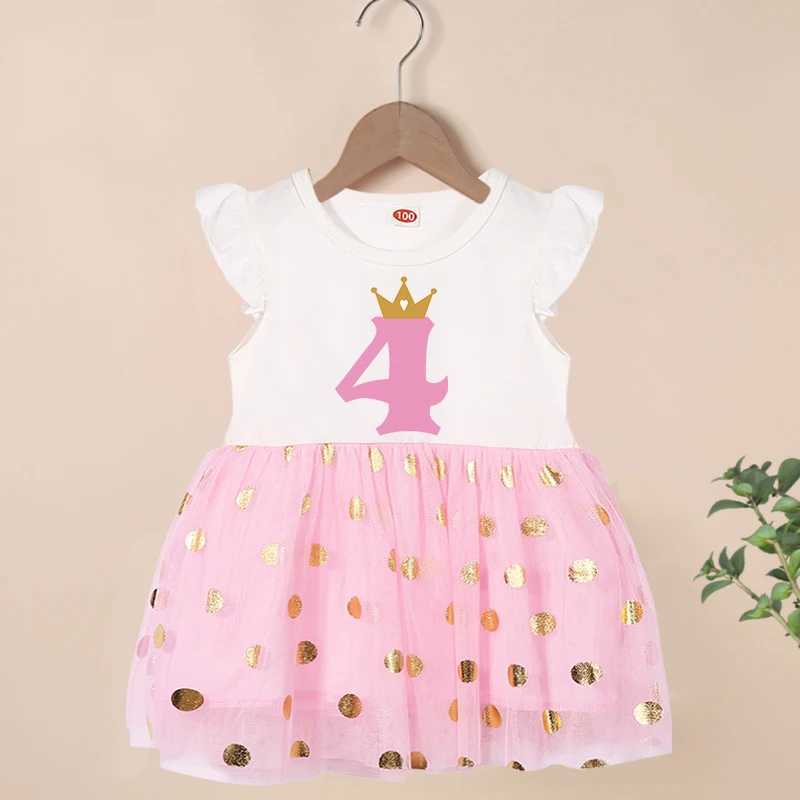 Girl's Dresses Happy Birthday Print Numbers 1-6 Girl Flight Sleeves Cute Childrens Party Girl Princess Dress Top Baby Clothing 24323