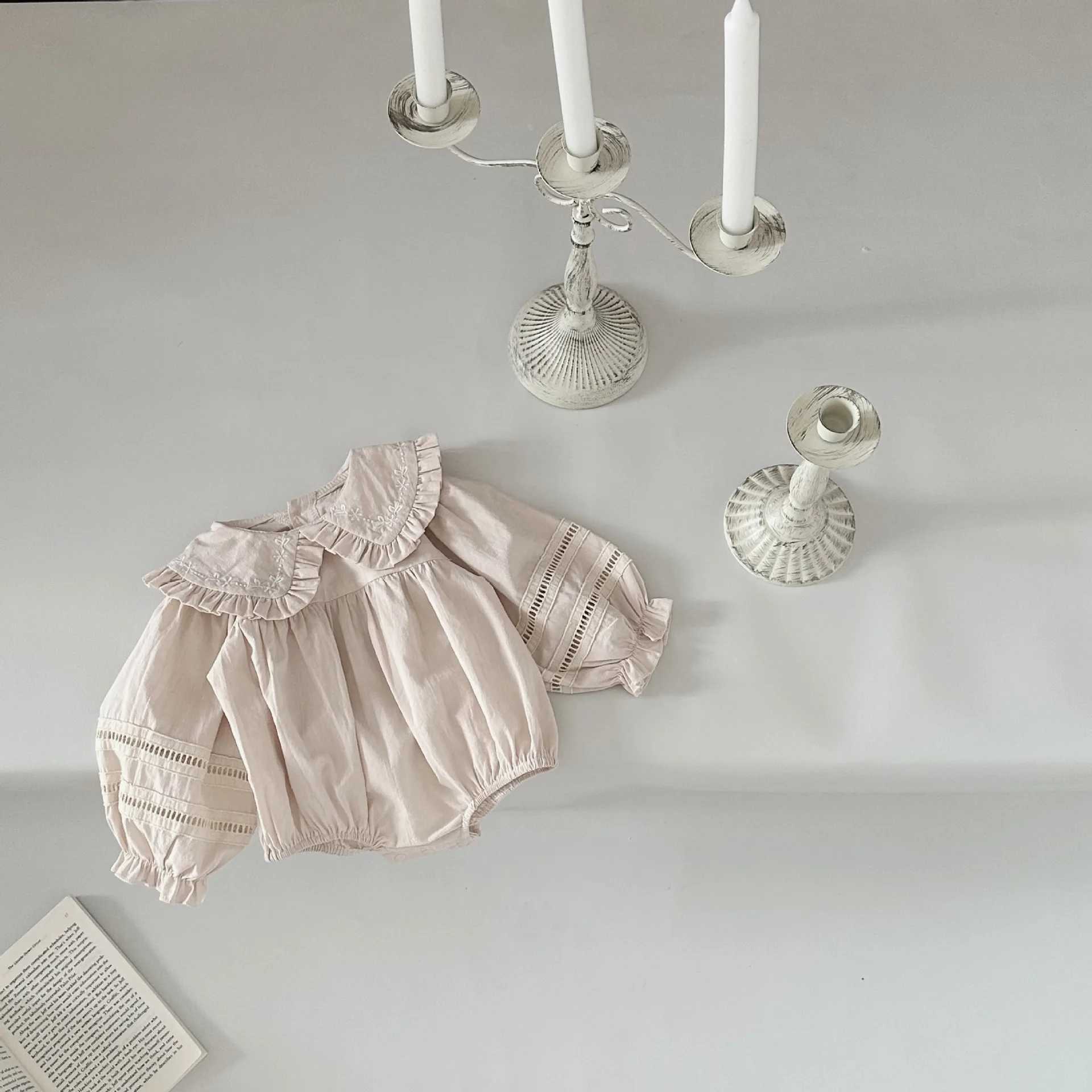 Rompers babymeisjes kleren borduurwerk met één stuk afslaan kraag babykleding H240426
