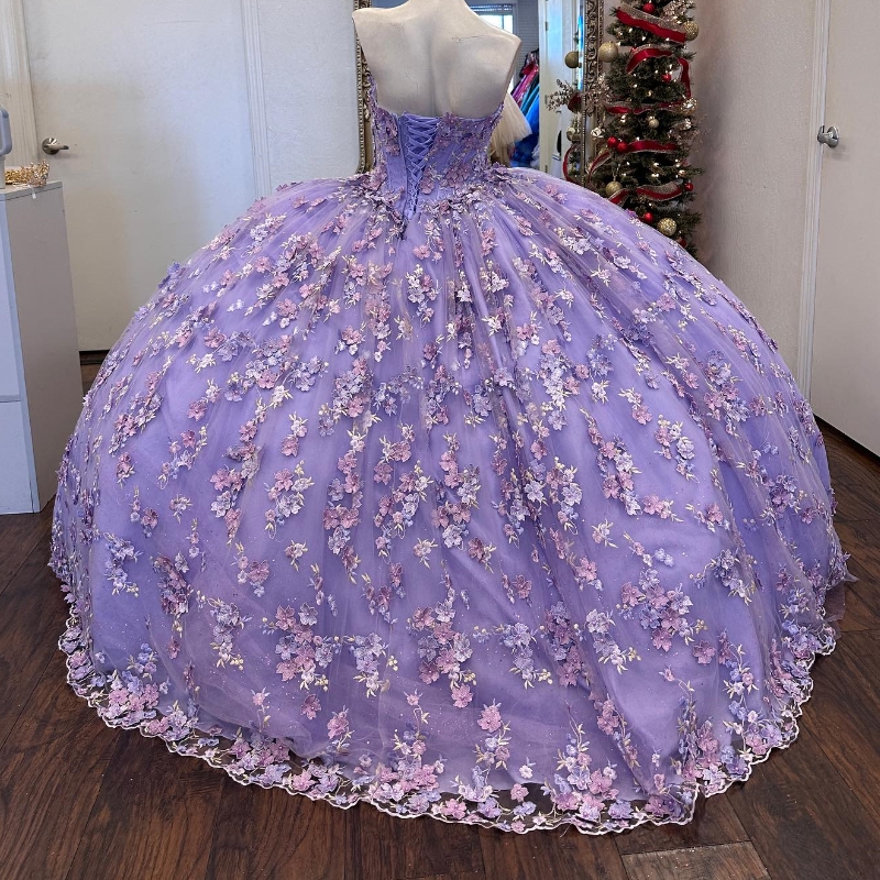 Lavendel quinceanera klänningar älskling 3d blommor applikationer pärlor tull snörning korsett ruffles prom vestidos 15 de xv anos