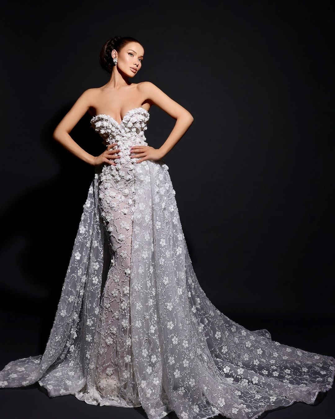 Luxo frisado pérolas sereia vestido de casamento 3d-floral apliques vestidos de noiva trem destacável varredura até o chão vestidos de noiva