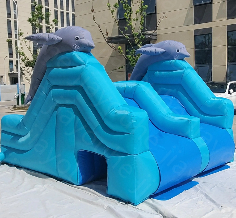 3,5x3x3M PVC Made Blue Dolphin Uppblåsbar Slide Bouncing Castle Slider för pool/Slide Water Park Center