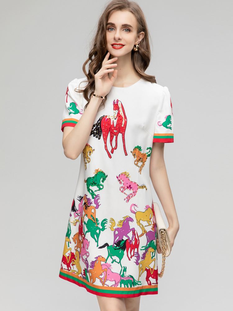 Women's Runway Dresses O Neck Short Sleeves Beaded Sequined Printed High Street A Line Mini Vestidos