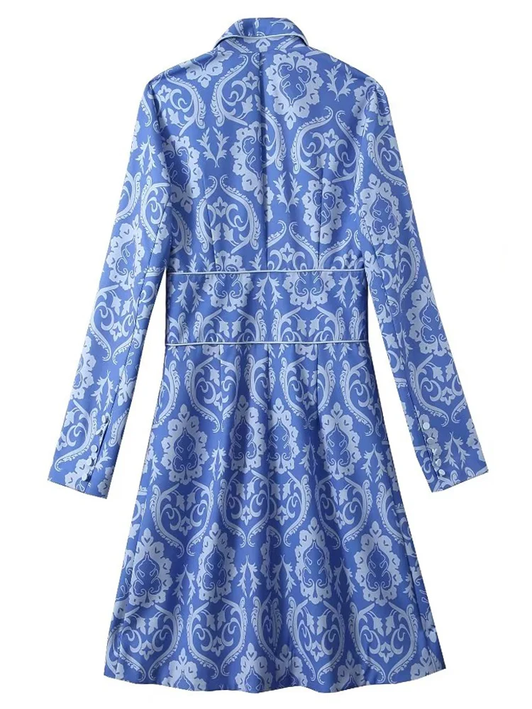 Kate Middleton Princess Ladies New Spring Autumn Autumn Adminies Fashion Party Vintage Blue Print Celebrity Gentleman Midi Dress