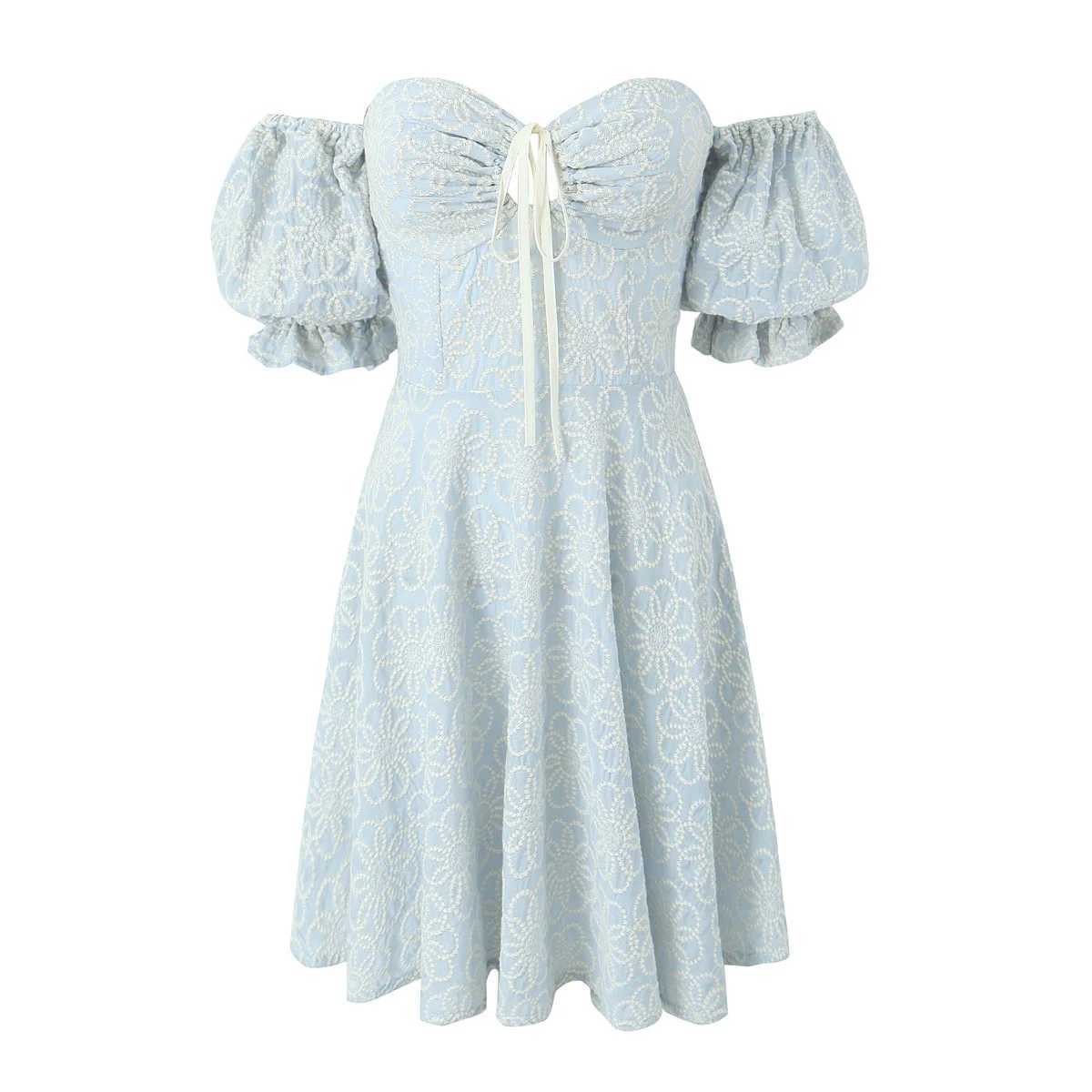 Women's Blouses Shirts Sexy Light Blue Embroidery Flower Strapless Short Sleeve Mini Dress Women Swing A line Hem Bow Lacing Up Corset Style Party Robe YQ240120