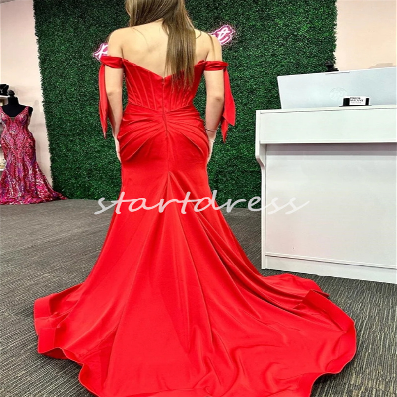 Graceful Red Off Shoulders Prom Dress With Slit Elegant Mermaid Pleat Evening Dresses 2024 Sweep Train Formal Occasion Party Gowns Charming Vestios De Fiesta 2024