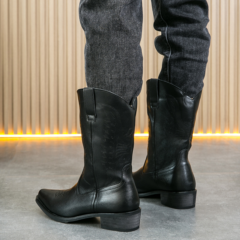 Bottes de Cowboy occidentales pour hommes, ensemble de manches mi-longues brodées, bottes pointues en cuir, bottes de chevalier rétro à la mode