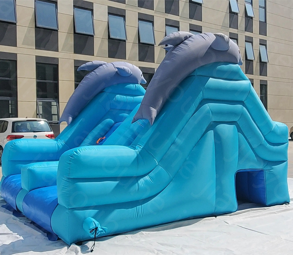 3,5x3x3M PVC Made Blue Dolphin Uppblåsbar Slide Bouncing Castle Slider för pool/Slide Water Park Center