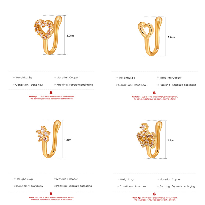 Clip naso a forma di U non perforata intarsiata in rame con anello naso a corona di cuore a forma di stella in zircone, decorazione foratura dell'accessorio naso non perforato