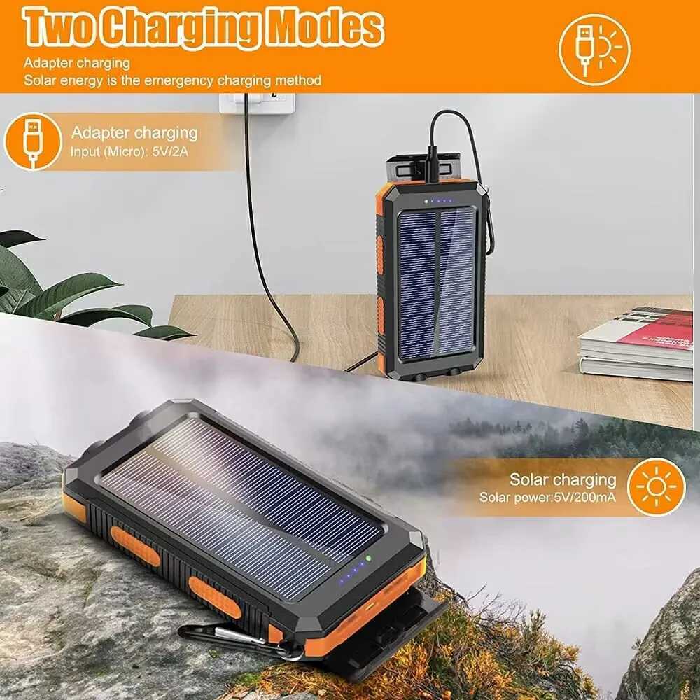 Mobiltelefon Power Banks 200000mah Portable Solar Power Bank Charging Poverbank Three Defense Extern Batteriladdare Stark LED -ljus dubbel USB -ström