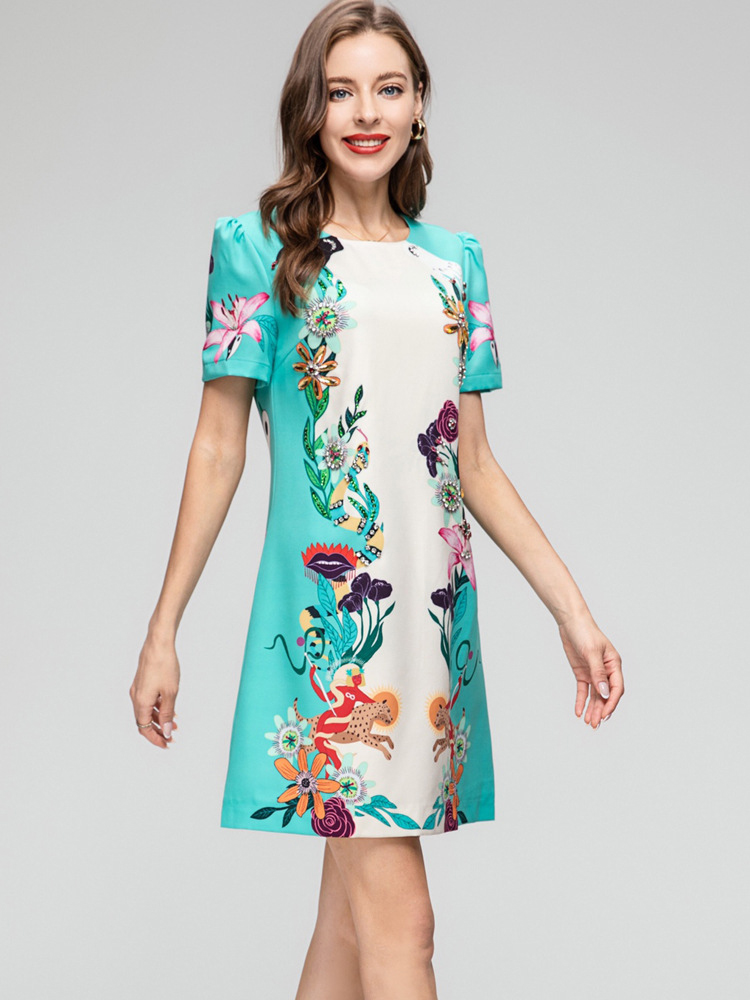 Women's Runway Dresses O Neck Short Sleeves Beaded Printed Floral High Street Fashion A Line Mini Vestidos