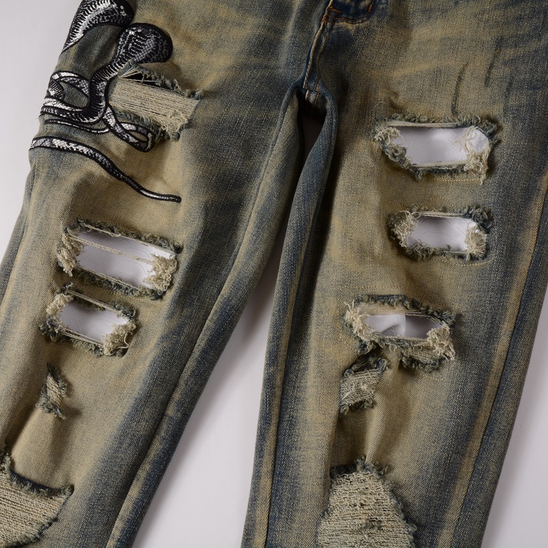 Homem Destroy Wash Jeans Snake Patches Rip Skinny Fit Perna