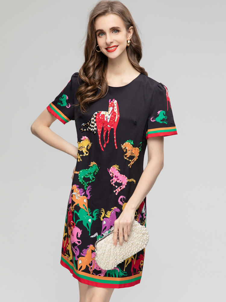 Women's Runway Dresses O Neck Short Sleeves Beaded Sequined Printed High Street A Line Mini Vestidos