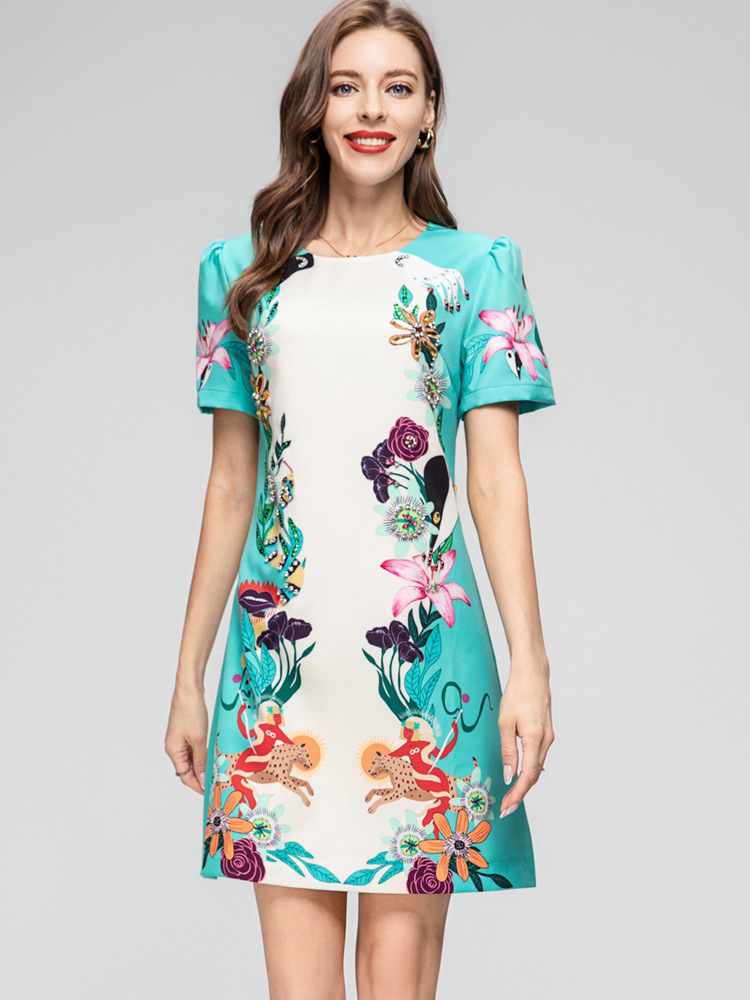 Women's Runway Dresses O Neck Short Sleeves Beaded Printed Floral High Street Fashion A Line Mini Vestidos