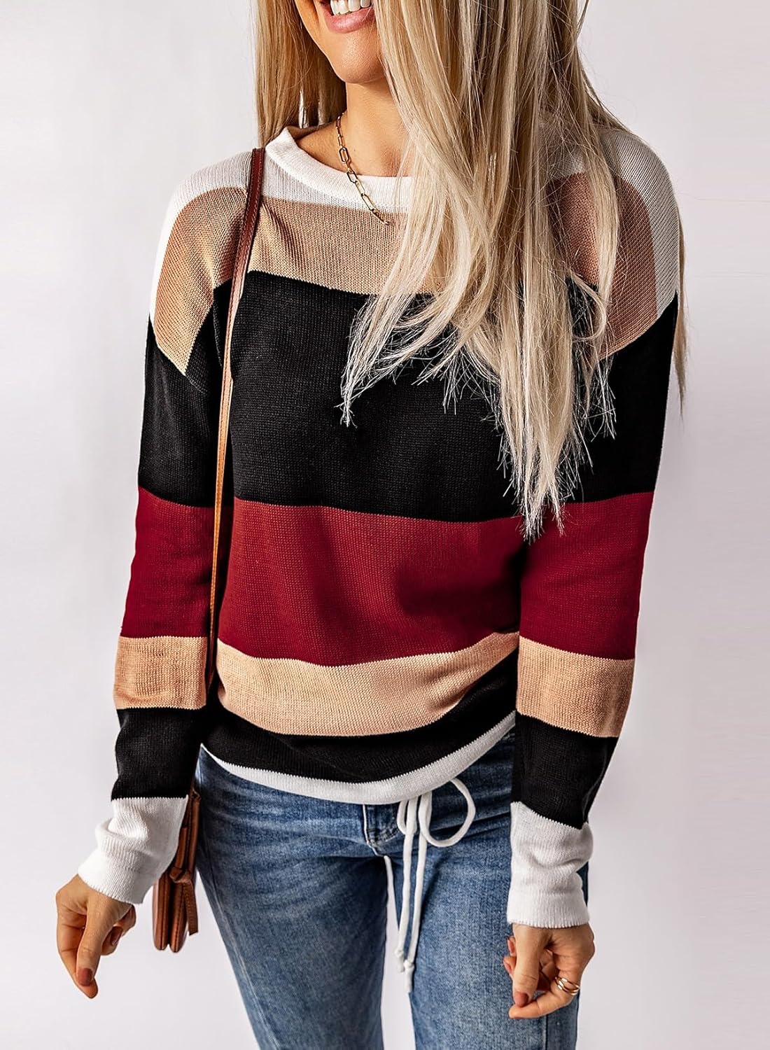 Women`s Sweaters Fall Sweaters Round Neck Striped Cute Winter Pullover Sweaters for Women Trendy 2023 Drawstring 