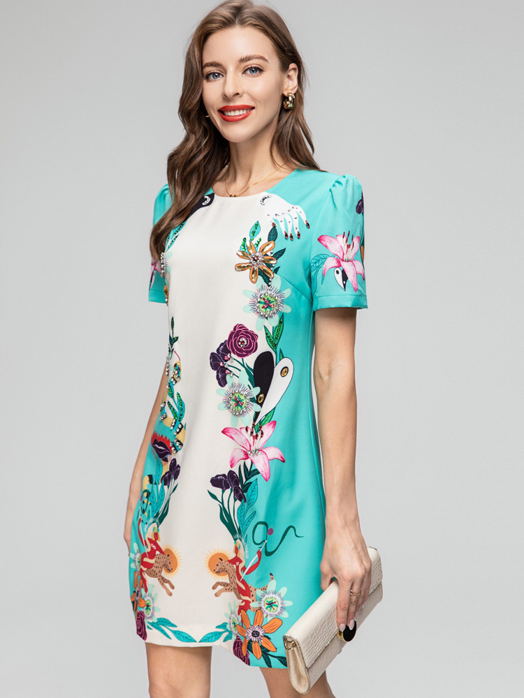 Women's Runway Dresses O Neck Short Sleeves Beaded Printed Floral High Street Fashion A Line Mini Vestidos