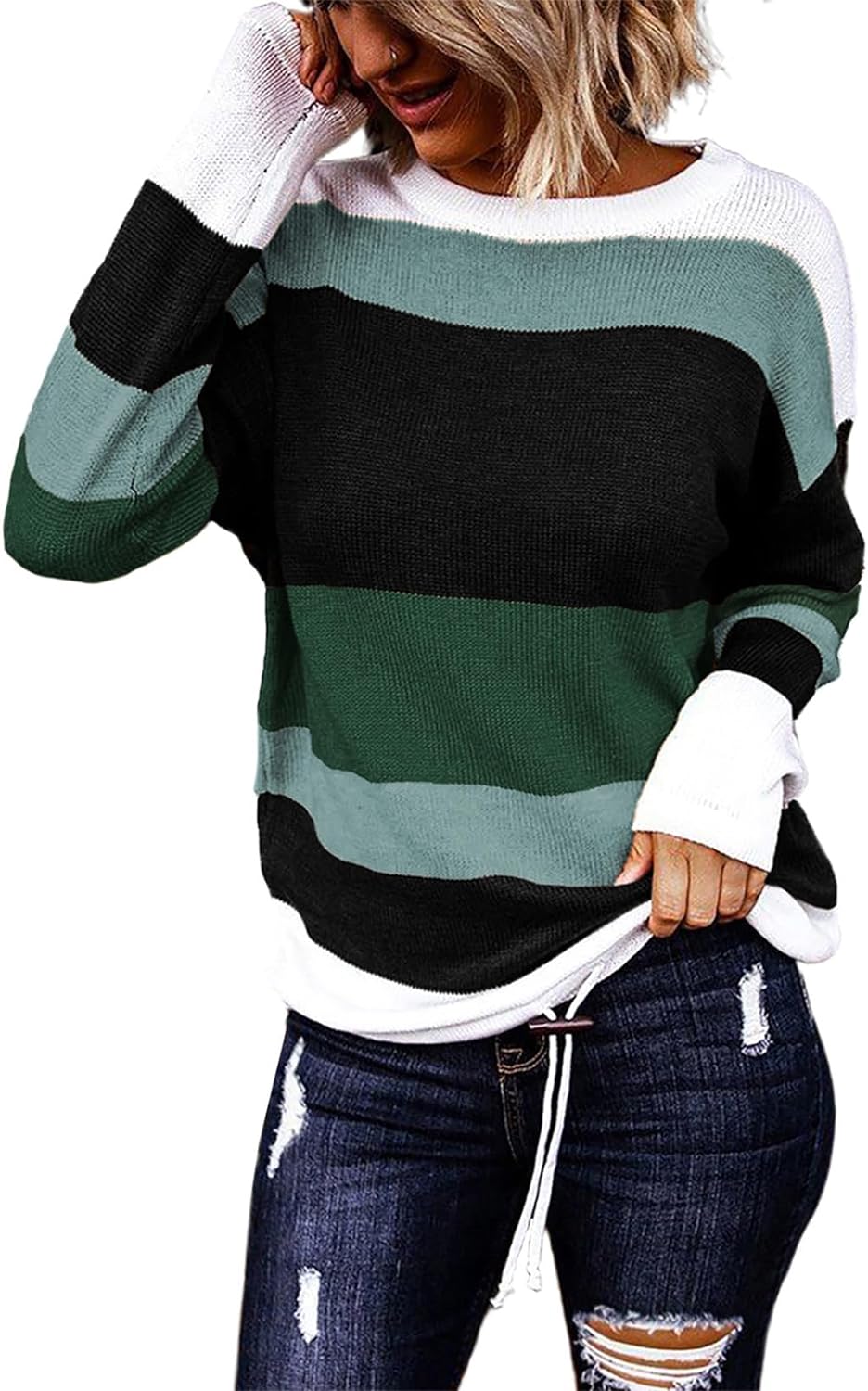 Women`s Sweaters Fall Sweaters Round Neck Striped Cute Winter Pullover Sweaters for Women Trendy 2023 Drawstring 