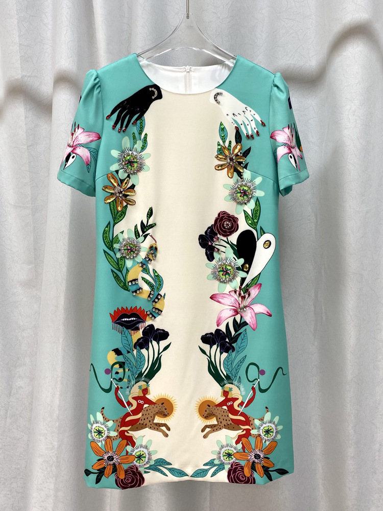 Women's Runway Dresses O Neck Short Sleeves Beaded Printed Floral High Street Fashion A Line Mini Vestidos