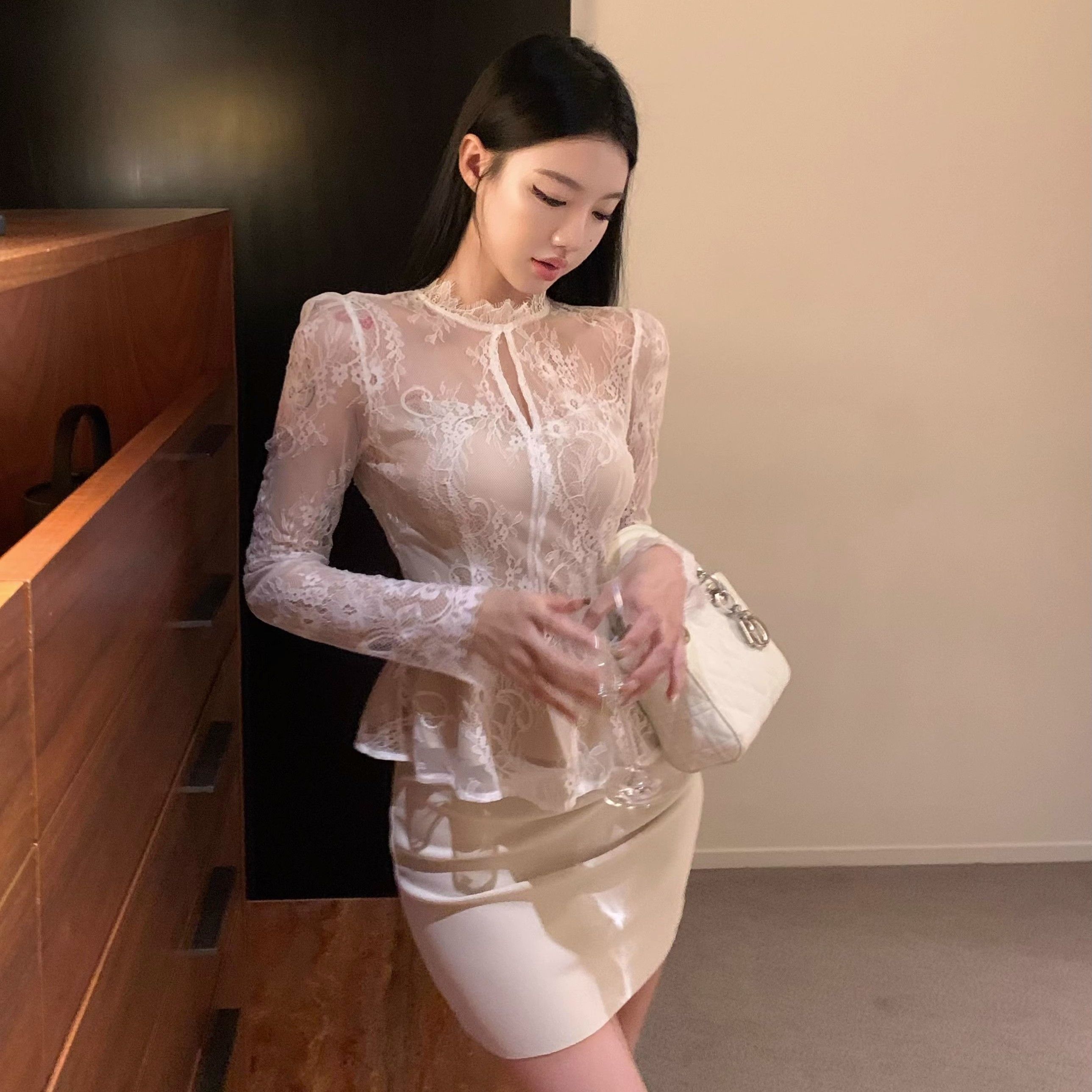 여성의 속눈썹 레이스 스탠드 칼라 관점 긴 슬리브 슬림 허리 Peplum Tops 티셔츠 smlxlxxl