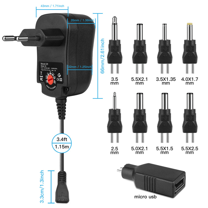 Adaptador de alimentação por atacado 9 em 1 Tensão ajustável 3V / 4,5V / 5V / 6V / 7,5V / 9V / 12V Adaptador de fonte de alimentação de cátodo ânodo ajustável 12W 30W Adaptador universal para plugue UE / EUA / AU / Reino Unido