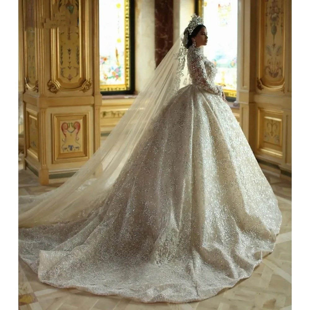 Stunningbride 2024 WhiteLuxury Full Lace Wedding Dresses Long Sleeves Vintage Sequinn High Neck Princesa Arabic Dubai Bridal Gowns Custom Made