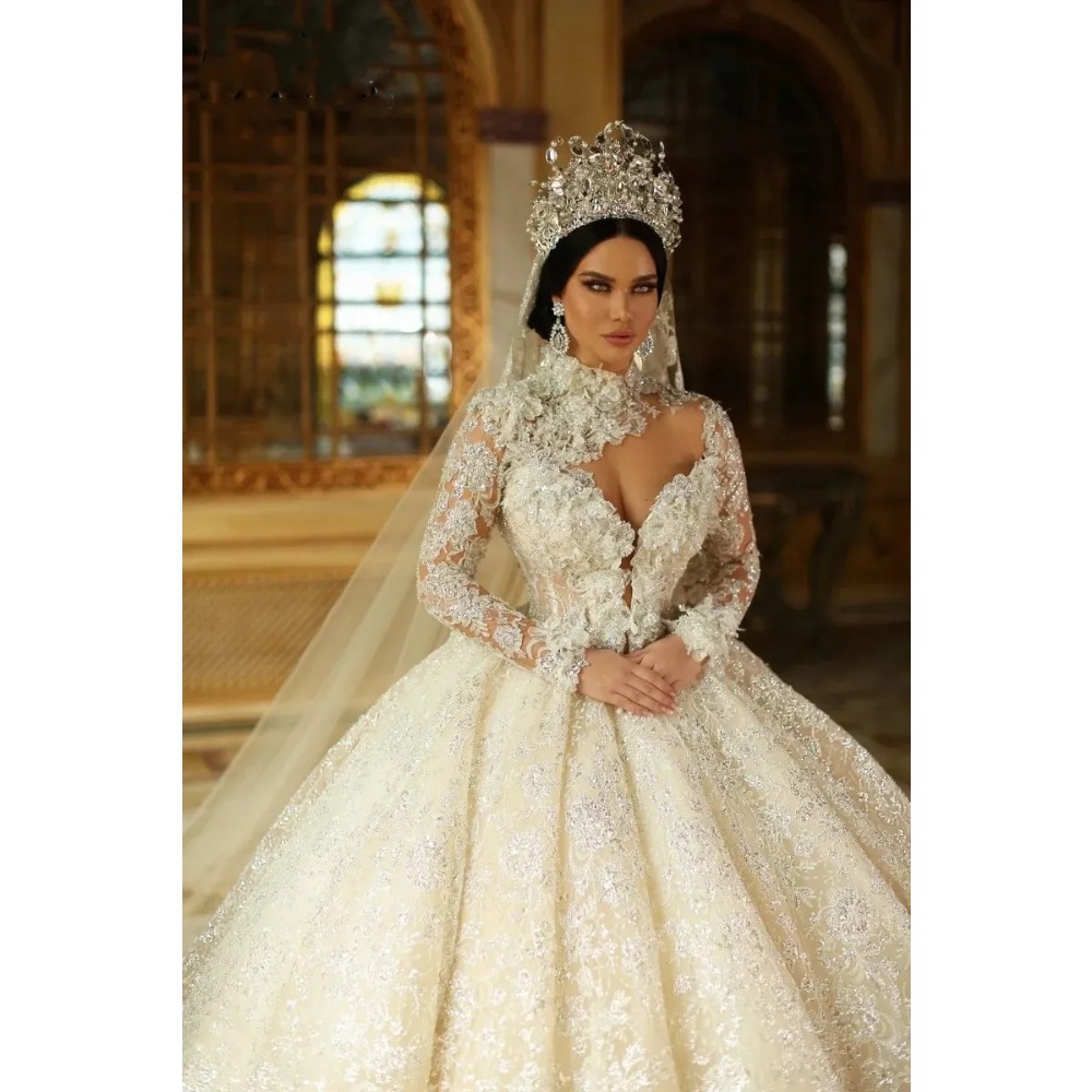 Stunningbride 2024 WhiteLuxury Full Lace Wedding Dresses Long Sleeves Vintage Sequinn High Neck Princesa Arabic Dubai Bridal Gowns Custom Made