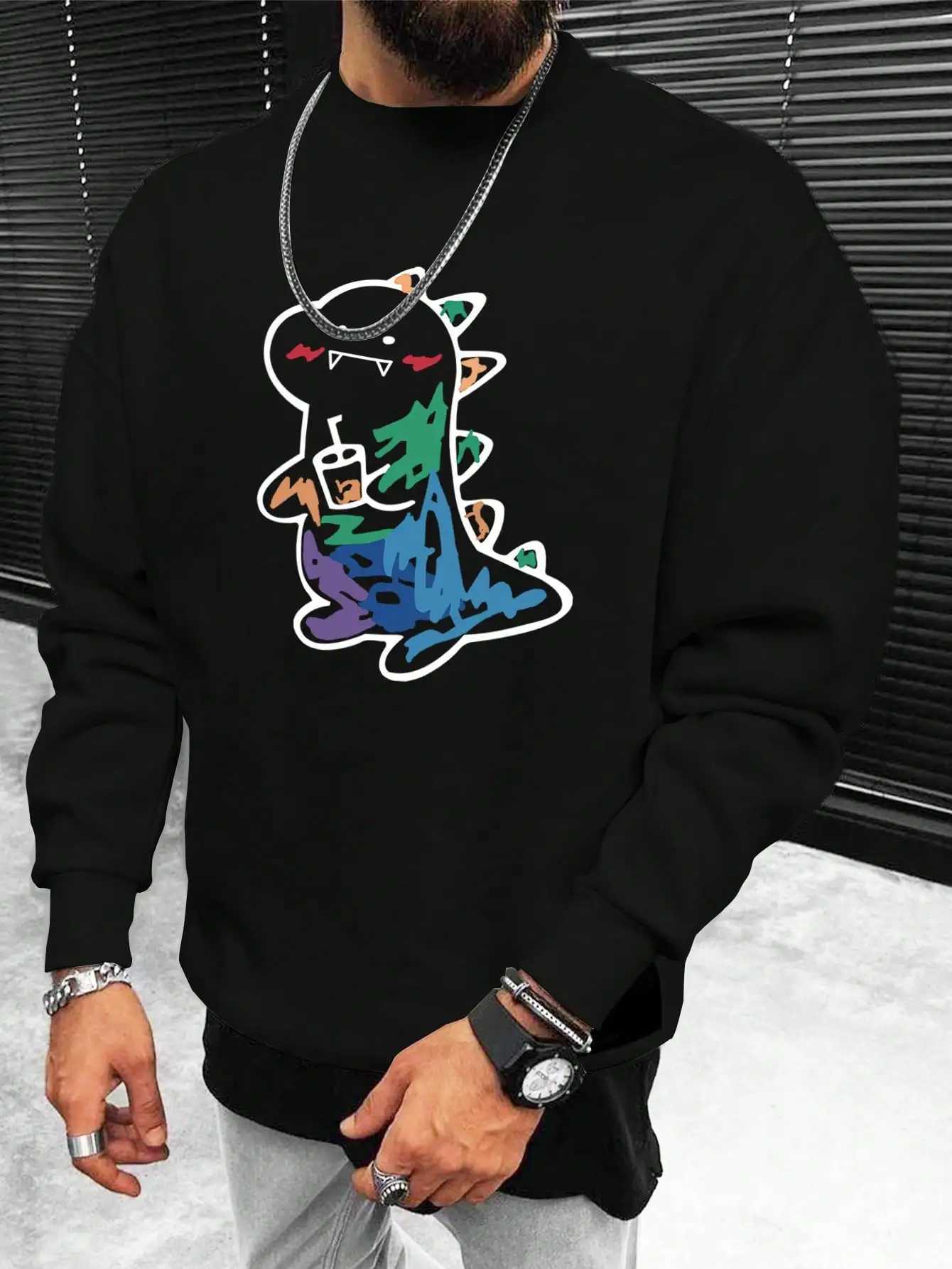Damen Blusen Hemden Graffiti Cartoon Kleiner Dinosaurier Muster Männer Tops Hip Hop Kreative Mode Sweatshirts Herbst Lässige Kleidung mit Rundhalsausschnitt Für Männer YQ240120