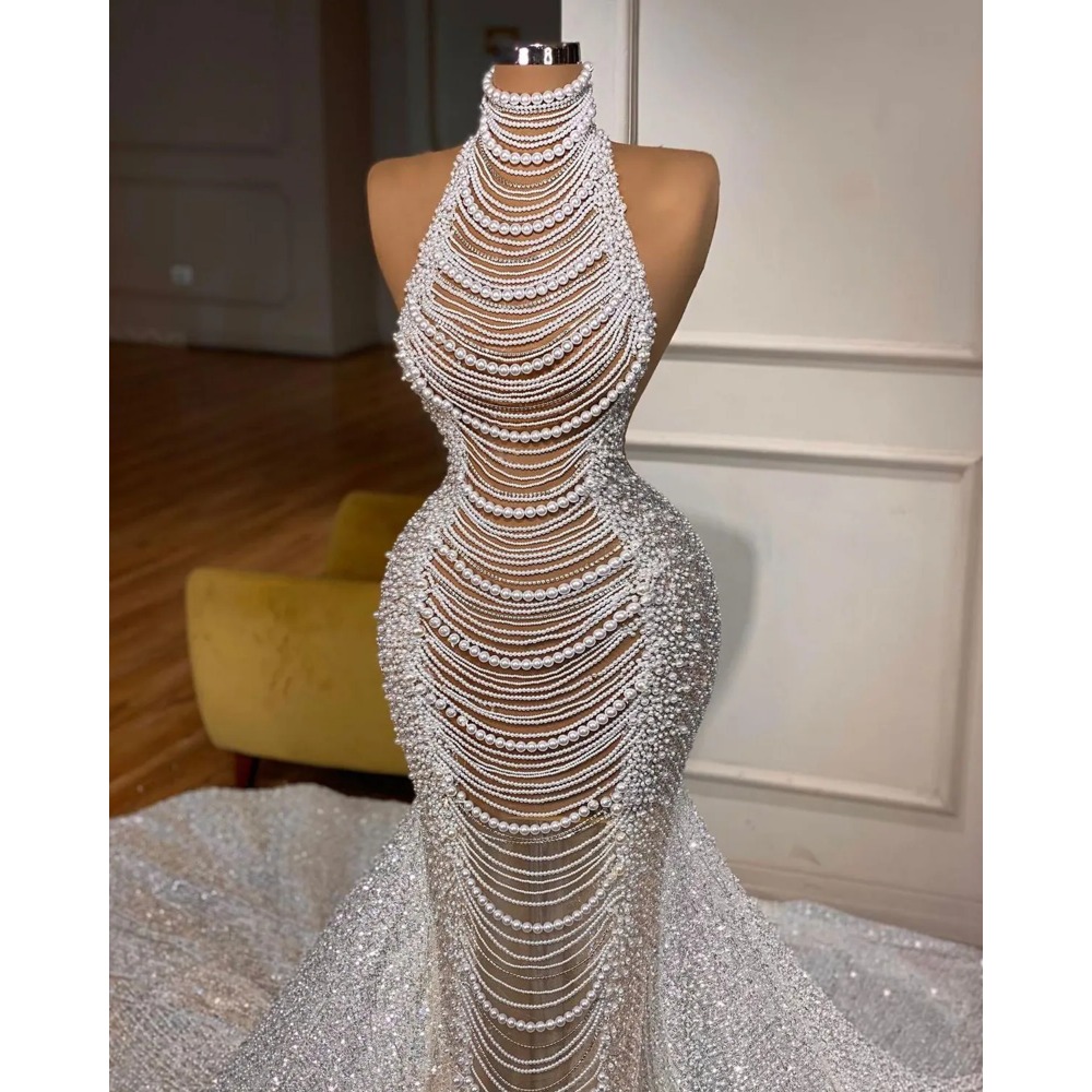 Zachęcona Brykta 2024 Arabia Saudyjska Haute Couture Suknia ślubna Mermaid Iluzja Pełna błyszcząca perły koraliki ślubne suknie ślubne Bride Princess Celebrity