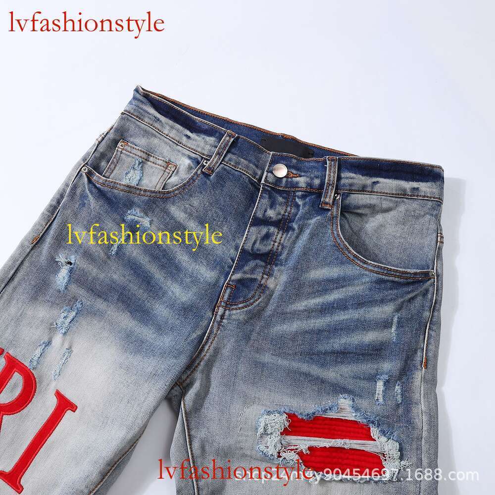 Jeans en détresse de couleur claire AMR, flambant neuf, tendance européenne et américaine, avec lettres brodées pour hommes, pantalon Slim élastique555