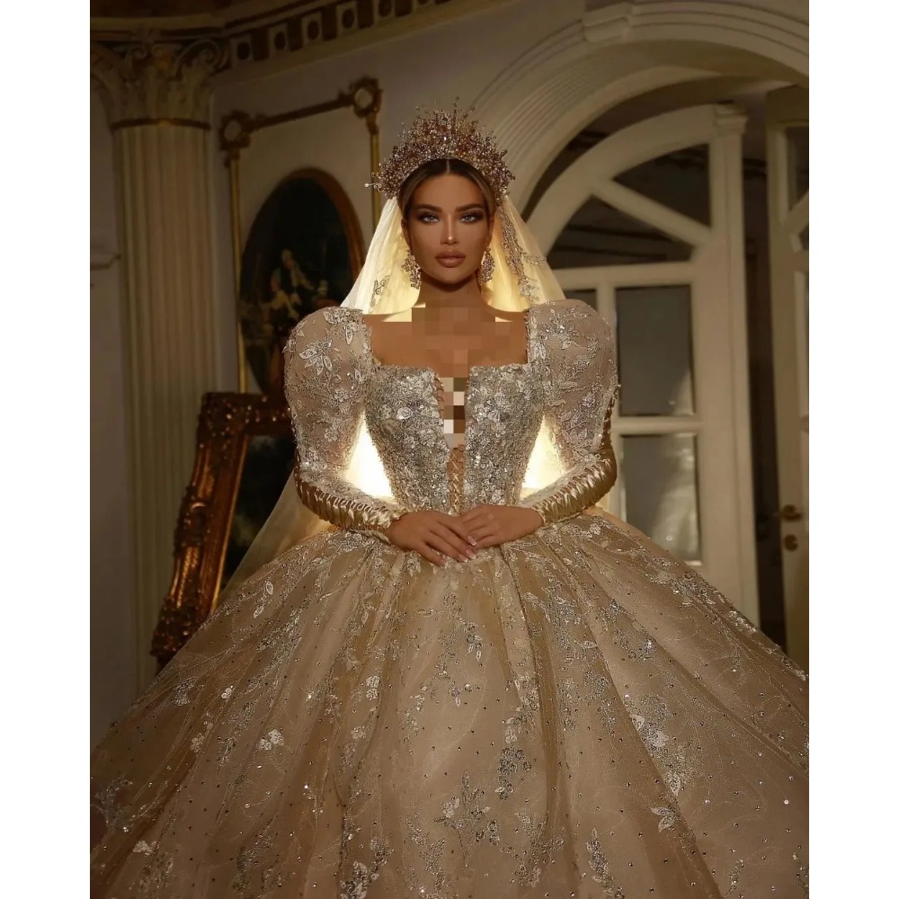 Superbe robe de mariée princesse à perles, épaules dénudées, manches longues, paillettes, robes de mariée de dubaï, perles personnalisées, robes de mariée en dentelle, 2024