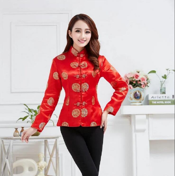 Chinois traditionnel rouge femmes soie Satin Tang chemise Blouse Vintage à manches longues veste de mariage fête d'anniversaire manteau taille S-3XL