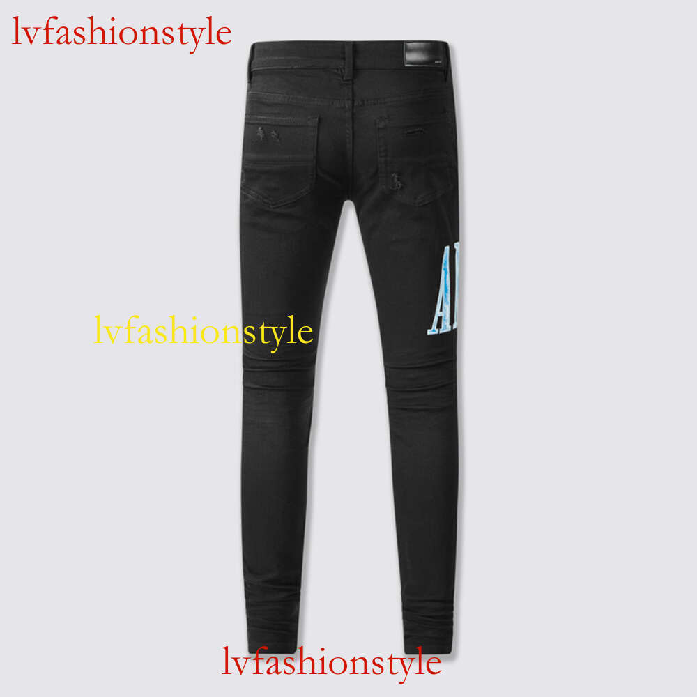 2023 Autumn/Winter New American High Street Black Perforated Blue Camo Cloth Patch Foreign Trade Border Border Jeans555