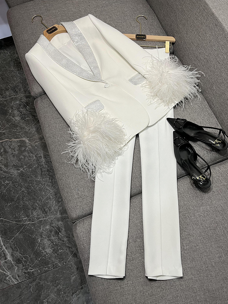 2024 Spring Hot Pink Feather Two Piece Pants Sets Long Sleeve Lapel Neckline Single-Breasted Blazers Top + Long Pants Set Two Piece Suits O4J152659