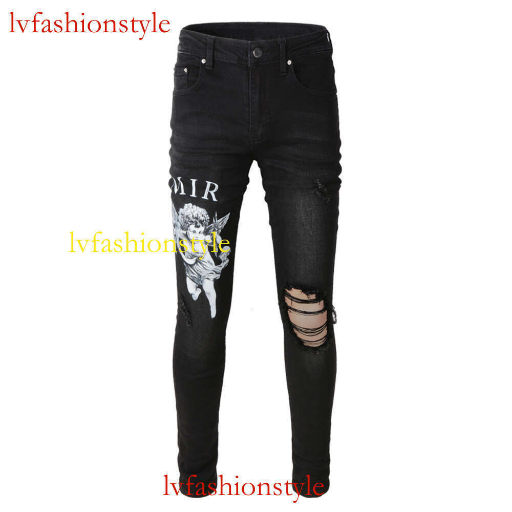 Foreign Trade Fashion High Street Neue trendige Marke Black Angel Logo mit Löchern bedruckt, elastische Slim-Fit-Jeans für Männer JEANS555