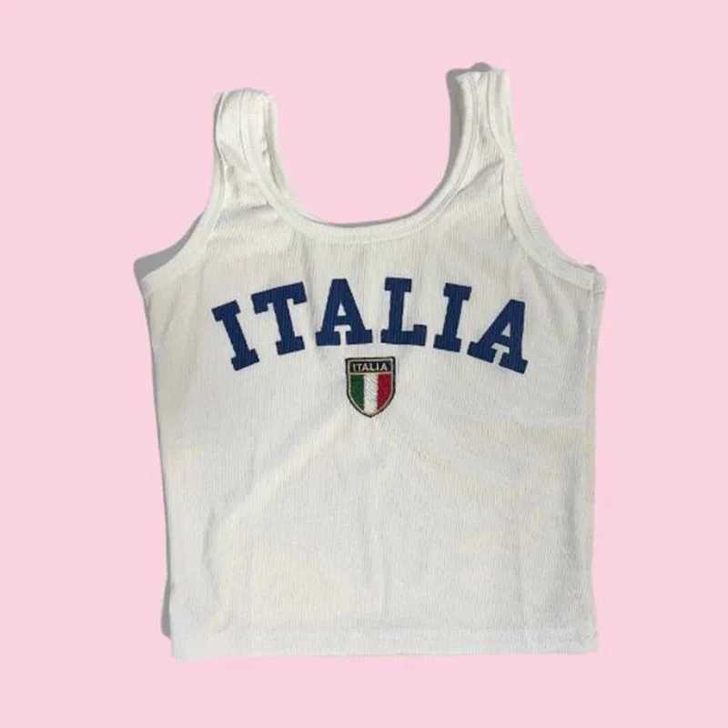 Women's Blouses Shirts ITALIA Letter Pattern Print Sexy Y2k Harajuku Sleeveless Crop Top Tank Tops Streetwear YQ240120